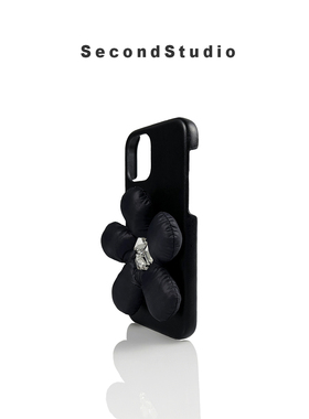 原创小众设计苹果16promax水钻羽绒13可爱手工花朵14pro高级感黑色皮质iPhone15promax手机壳