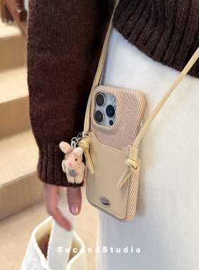 原创小众韩风皮质iphone16pro斜挎挂绳可插卡苹果15promax手机壳17pro保护壳14pro可爱少女13