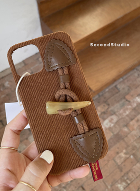 原创灯芯绒iPhone16pro棕色布艺13小众复古16创意牛角扣12苹果15promax手机壳14pro保护壳