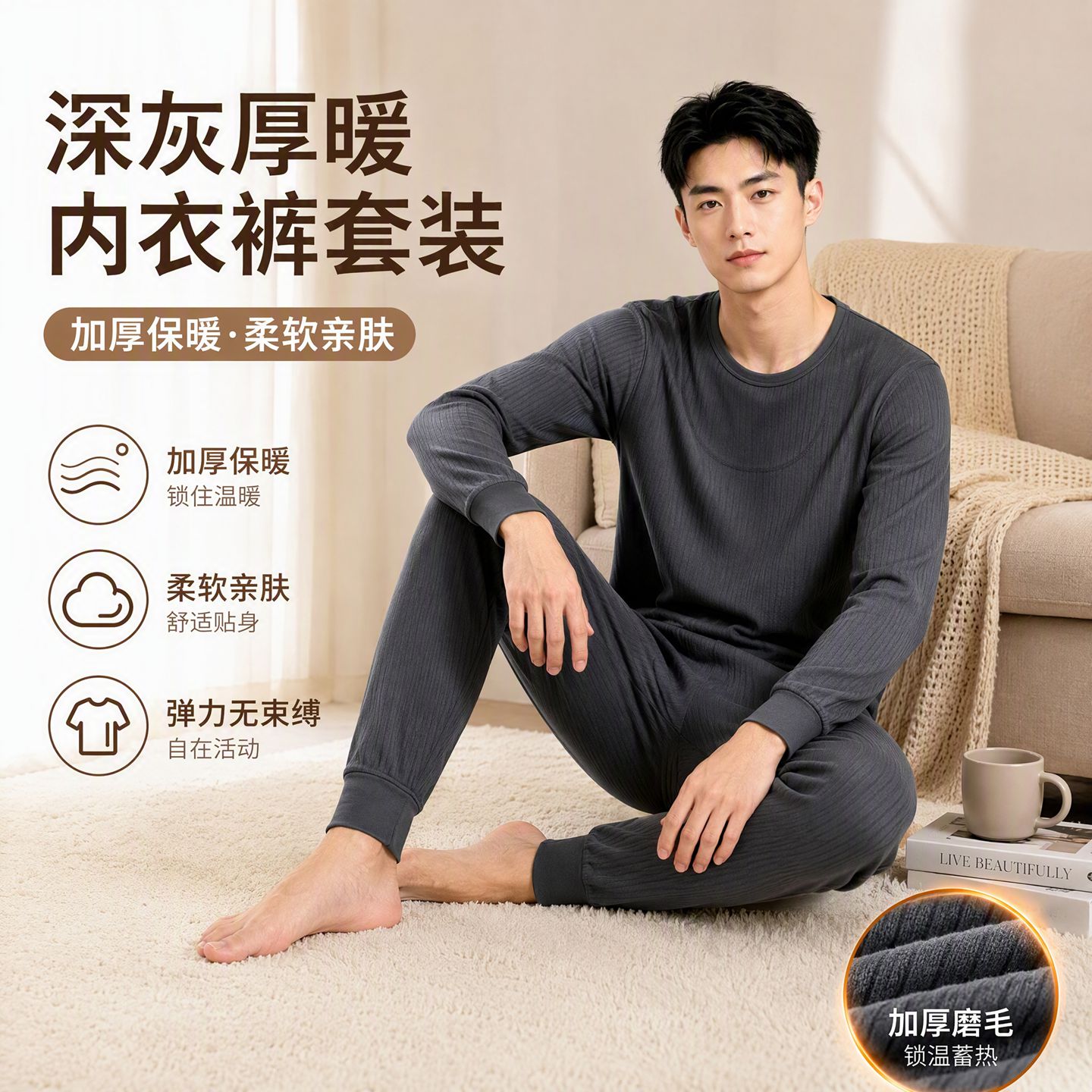 秋冬深灰制式加厚保暖内衣裤套装男军绿莫代尔棉薄款秋衣秋裤打底