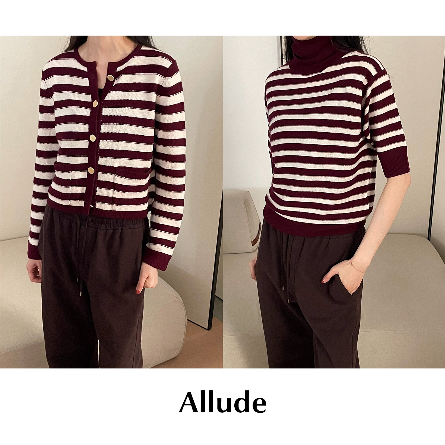 CETTCE 现货 Allude 红白条纹圆领针织开衫高领短款毛衣上衣