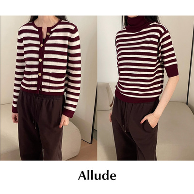 CETTCE 现货 Allude 红白条纹圆领针织开衫高领短款毛衣上衣