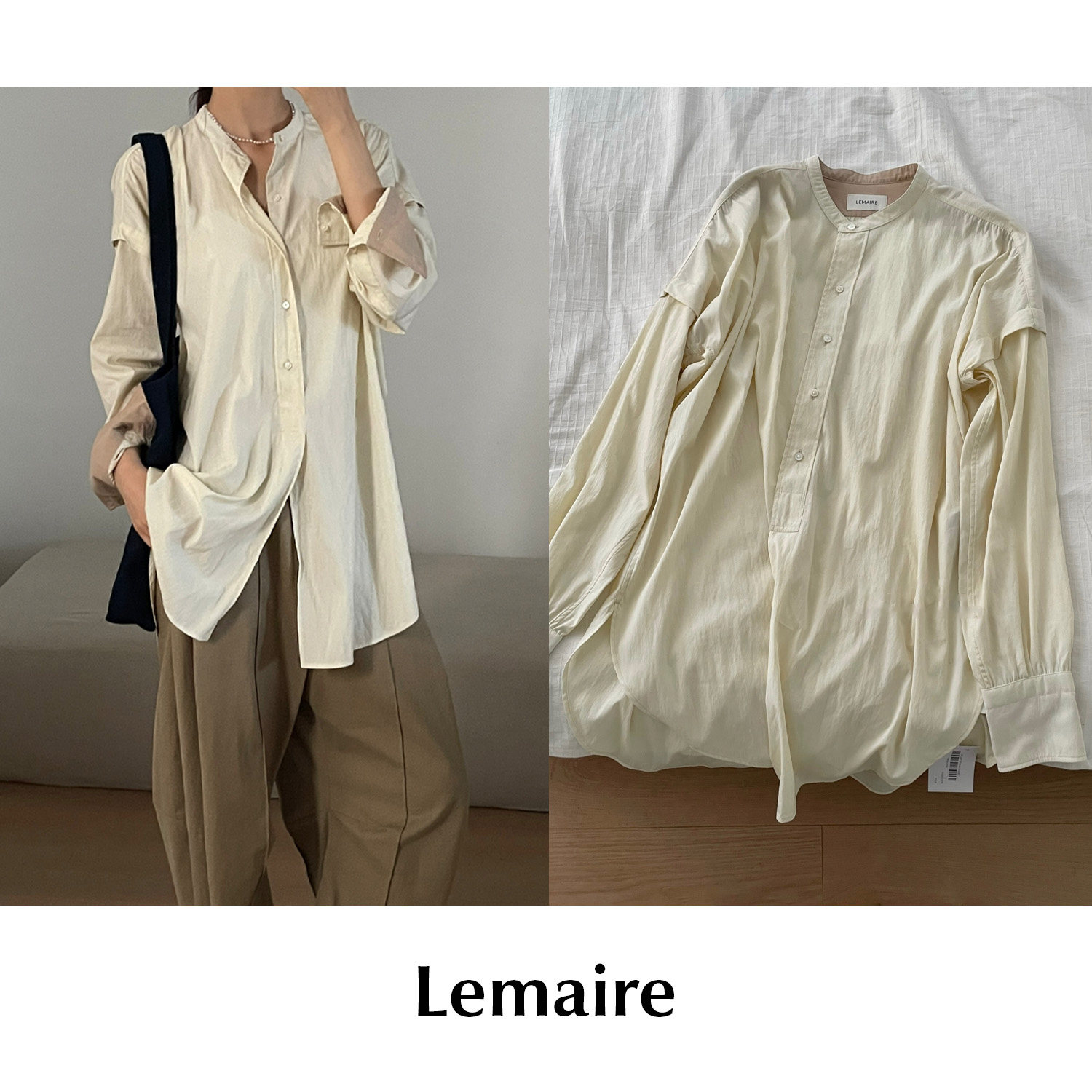 【SALE】CETTCE 现货 Lemaire 无领莱赛尔单排扣长袖衬衫圆弧下摆
