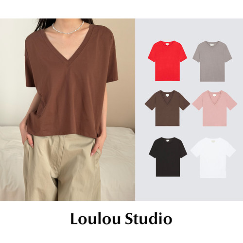 CETTCE 现货 Loulou Studio 纯色V领圆领棉混纺休闲短袖T恤上衣