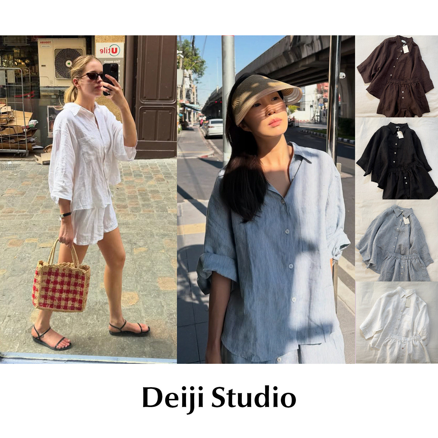 CETTCE 现货 Deiji Studio 亚麻立领纽扣七分袖条纹衬衫短裤套装