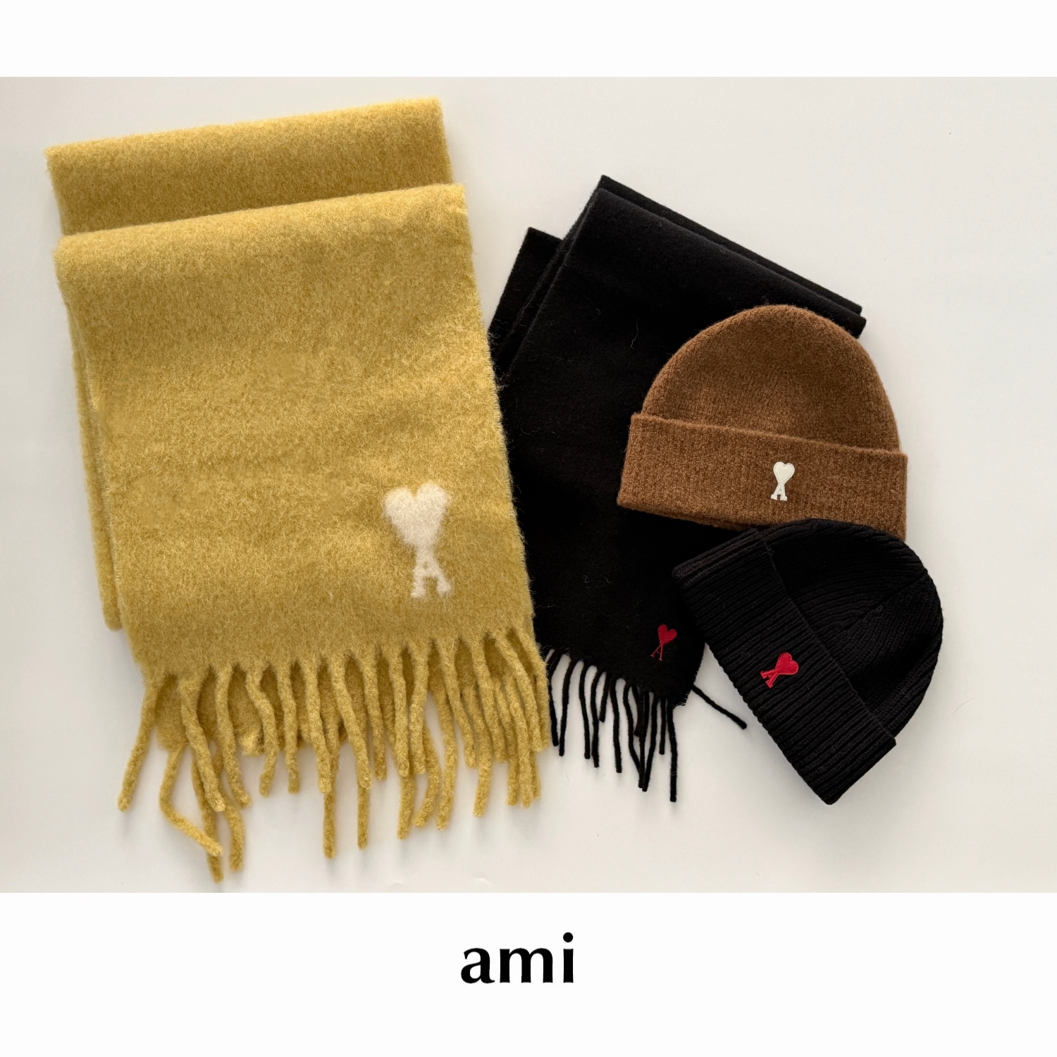 CETTCE 现货 Ami 爱心ADC刺绣logo针织帽流苏羊毛围巾披肩