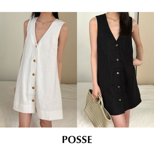CETTCE 现货 Posse 亚麻深V领无袖纽扣短款连衣裙上衣 Nancy
