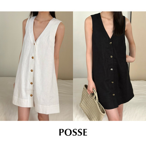 CETTCE 现货 Posse 亚麻深V领无袖纽扣短款连衣裙上衣 Nancy