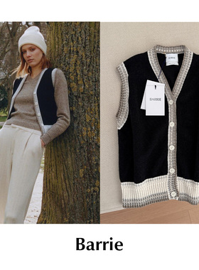 CETTCE 现货 Barrie 羊绒V领系扣黑白条纹无袖针织开衫马甲背心