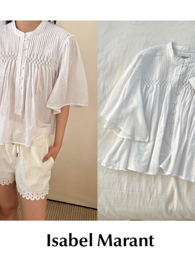 【SALE】CETTCE 现货 Isabel Marant 纯色风琴褶皱圆领五分袖衬衫