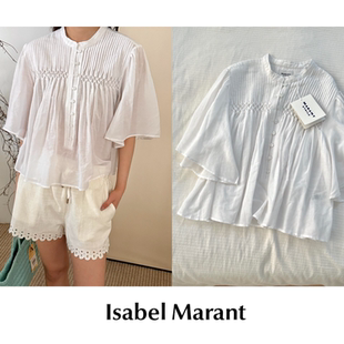 【SALE】CETTCE 现货 Isabel Marant 纯色风琴褶皱圆领五分袖衬衫