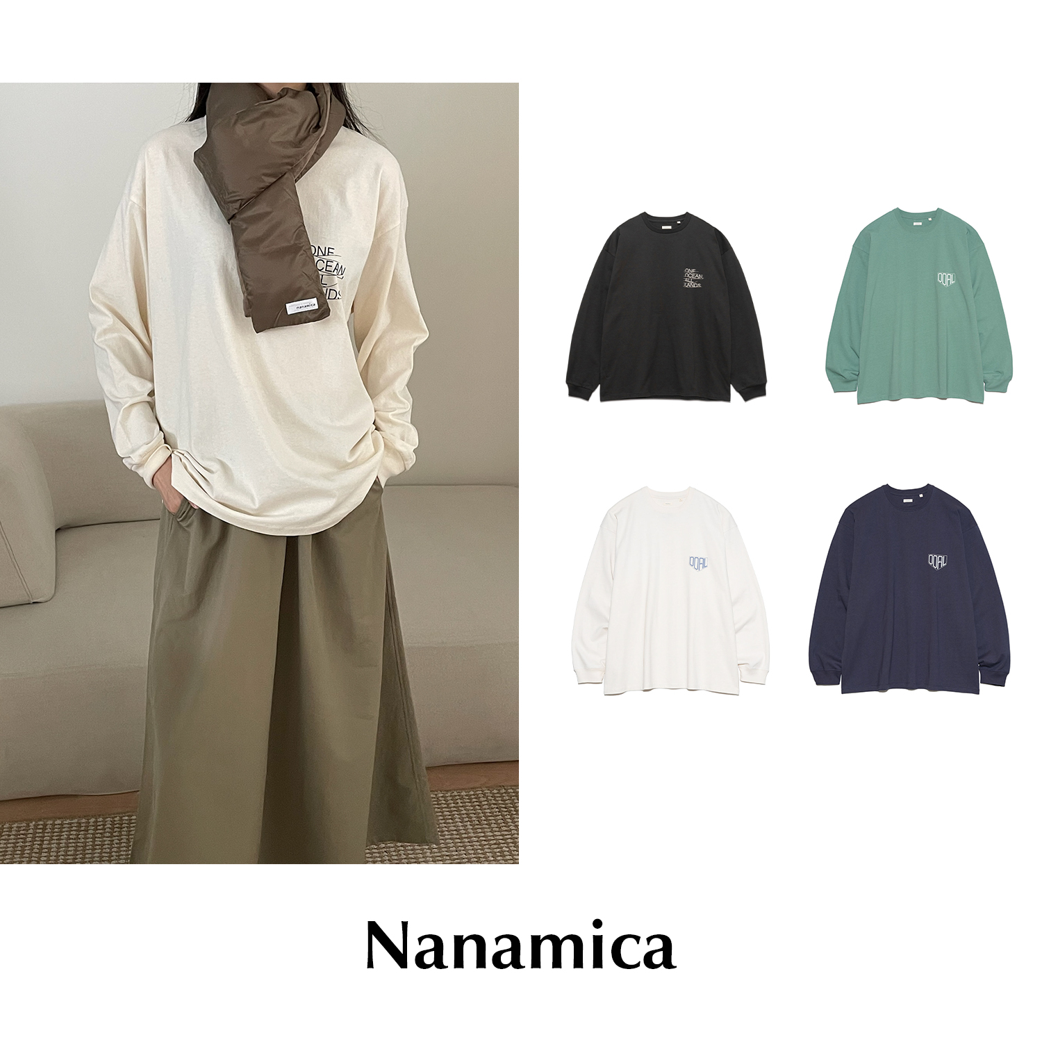 CETTCE 现货 Nanamica 有机棉圆领廓形徽标印花长袖T恤卫衣