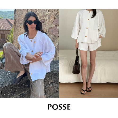 CETTCE 现货 Posse  亚麻圆领纽扣长袖衬衫高腰拼接A字短裤套装