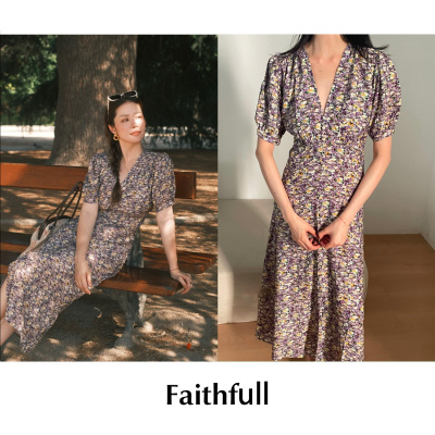 【SALE】CETTCE 现货 Faithfull 收腰碎花V领泡泡袖系带连衣裙