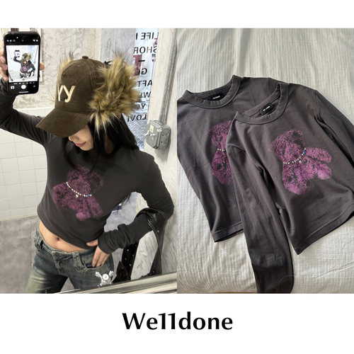 【SALE】CETTCE 现货 we11done 铆钉小熊印花圆领修身短袖长袖T恤