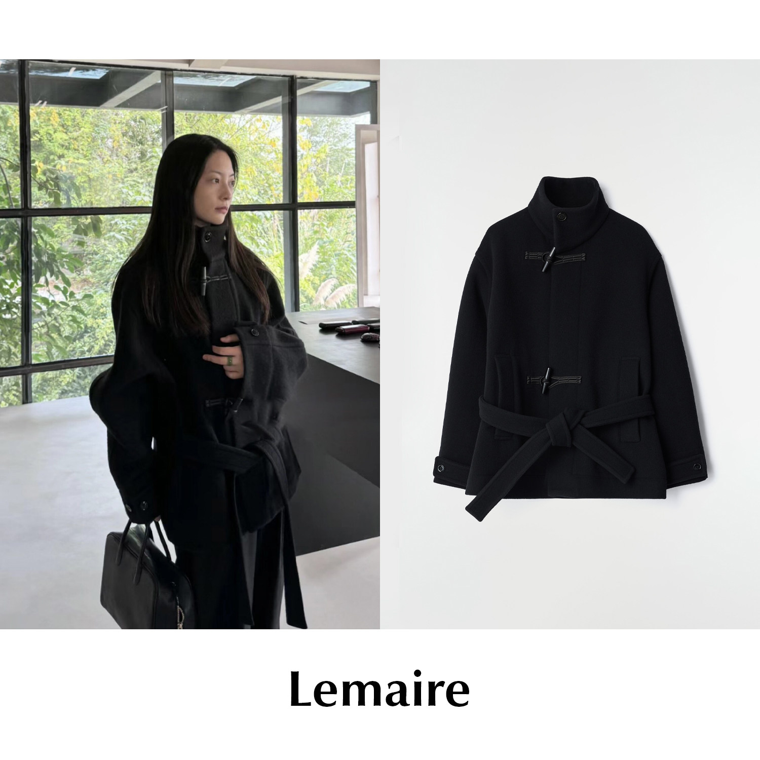 CETTCE 现货 Lemaire 经典羊毛牛角扣高领直筒外套腰带斜襟短大衣图片