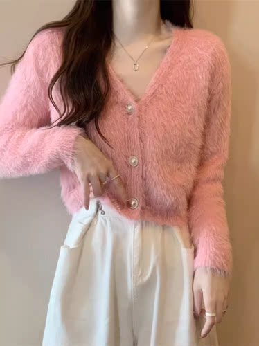 仿水貂绒短款V领开衫温柔风毛衣