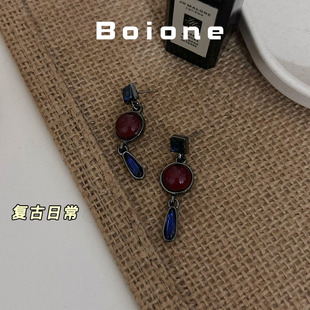 boione复古显气质深蓝色短款流苏耳环低调温柔日常通勤上班族耳饰