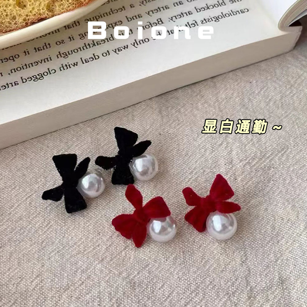 复古甜美丝绒蝴蝶结珍珠耳环