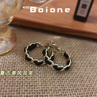 boione复古港风小香风黑金色皮质编织大耳圈耳环螺旋耳夹海岛耳饰