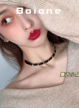 boione夏天复古小众设计黑金色pu皮编织项链女锁骨链辣妹潮酷配饰