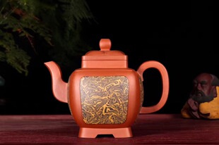 茗泽阁周尊严葵花四方宜兴紫砂壶红皮龙绞泥大师纯全手工证书齐全