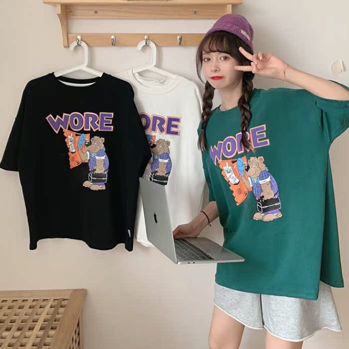 實拍6535棉2021春款卡通印花短袖T恤女寬鬆大碼女士創意