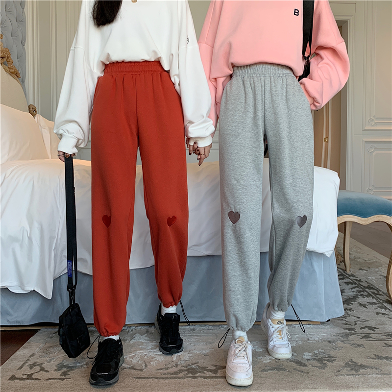 Real photo 2021 new spring loose love embroidery Plush thickened sports pants drawstring Leggings women's pants