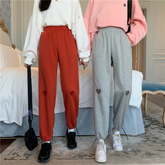 Real photo 2021 new spring loose love embroidery Plush thickened sports pants drawstring Leggings women's pants