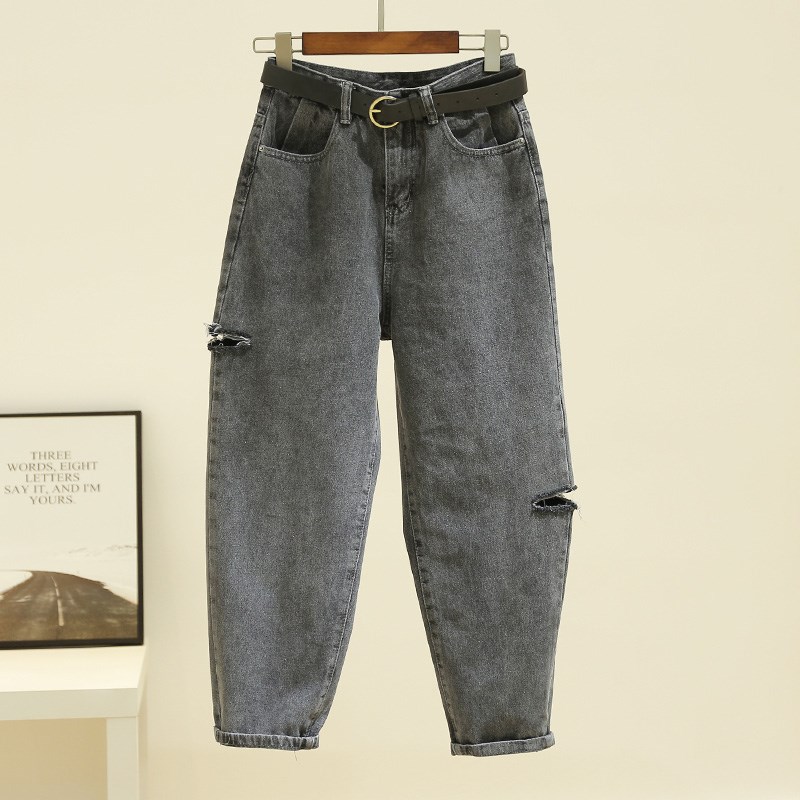 Spring and autumn 2020 new loose dad pants women's Korean high waist students' net red smoke grey hole radish jeans