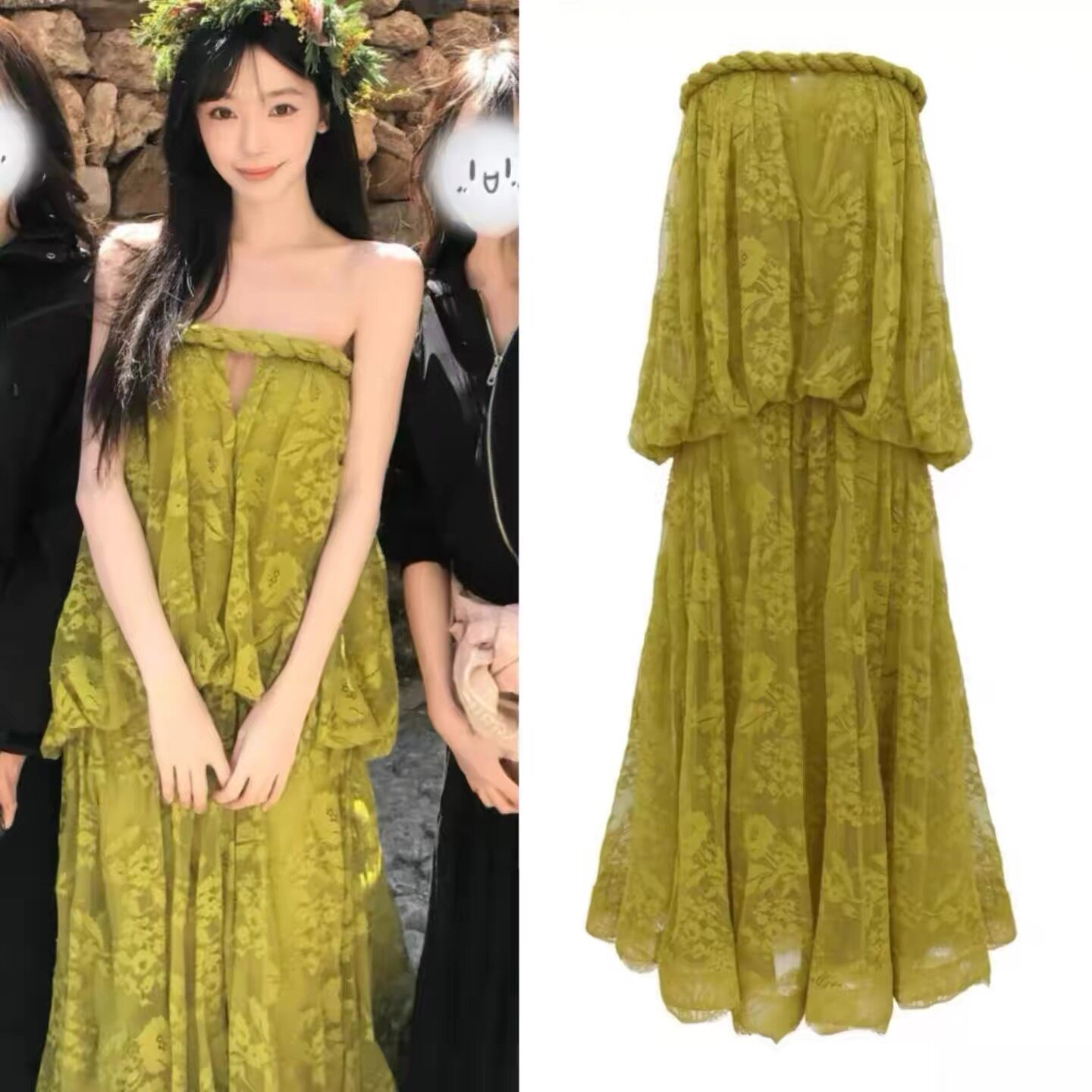 易梦玲同款绿色一字肩性感迷人绑带抹胸裙夏季长款拖地蕾丝连衣裙