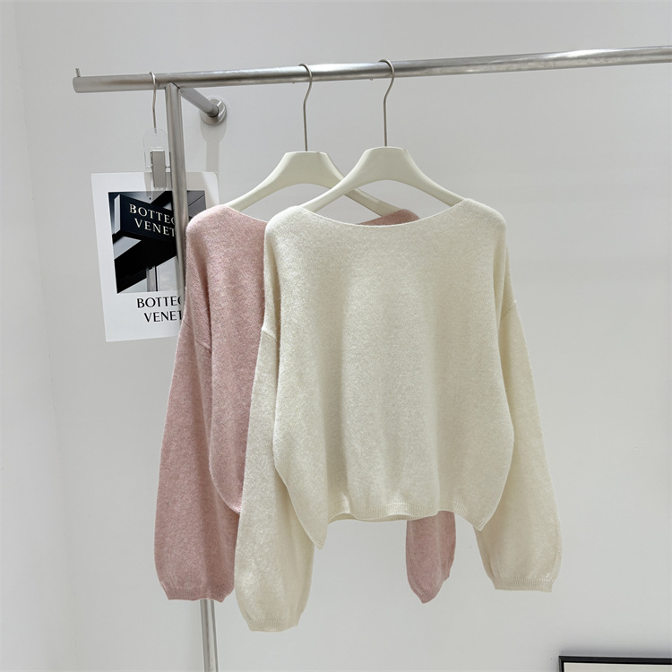 韩国订单秋冬新款一字领羊毛浣熊绒软糯仙茧型针织衫毛衣套头衫