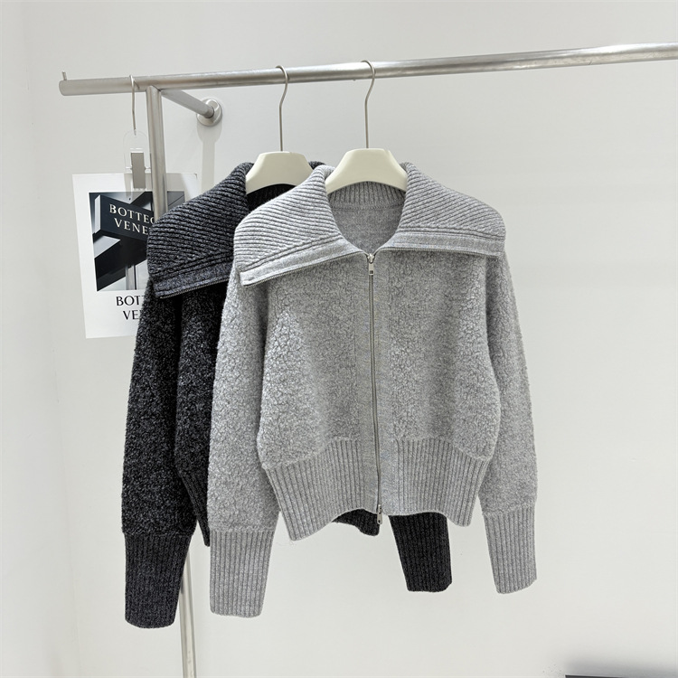 韩国订单冬装新款大翻领双拉链圈圈毛全羊毛加厚针织毛衣开衫