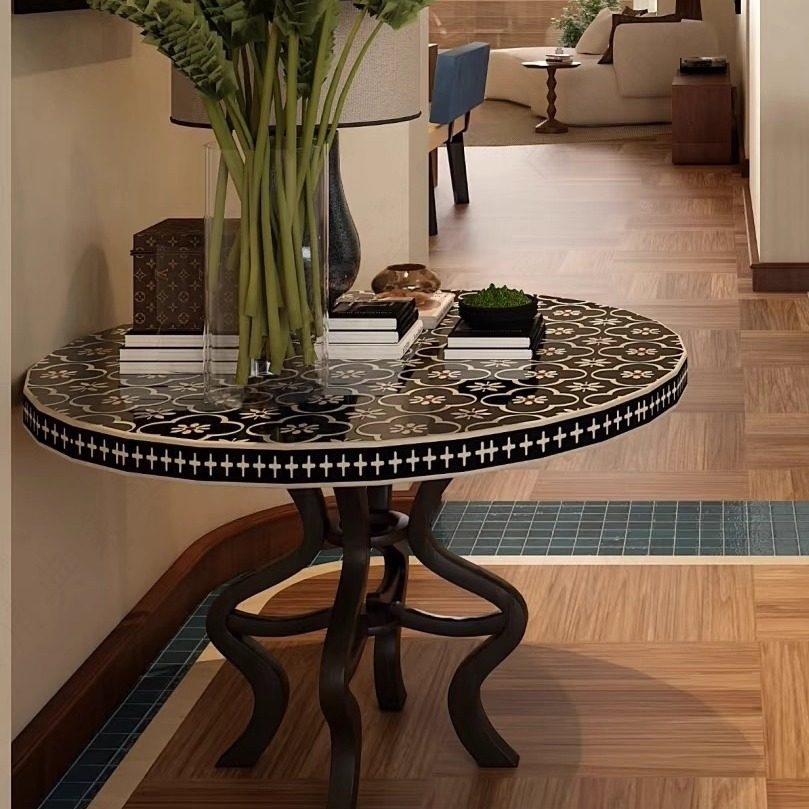 美式轻奢高端实木手绘复古餐桌