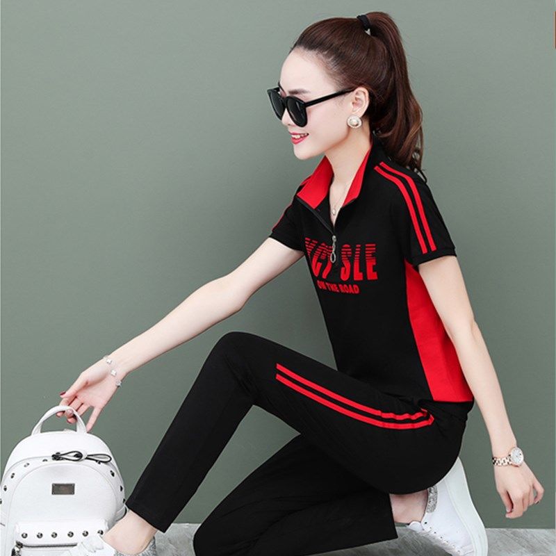 时尚立领短袖休闲套装女2020夏装新款跑步运动服夏天透气两件套女