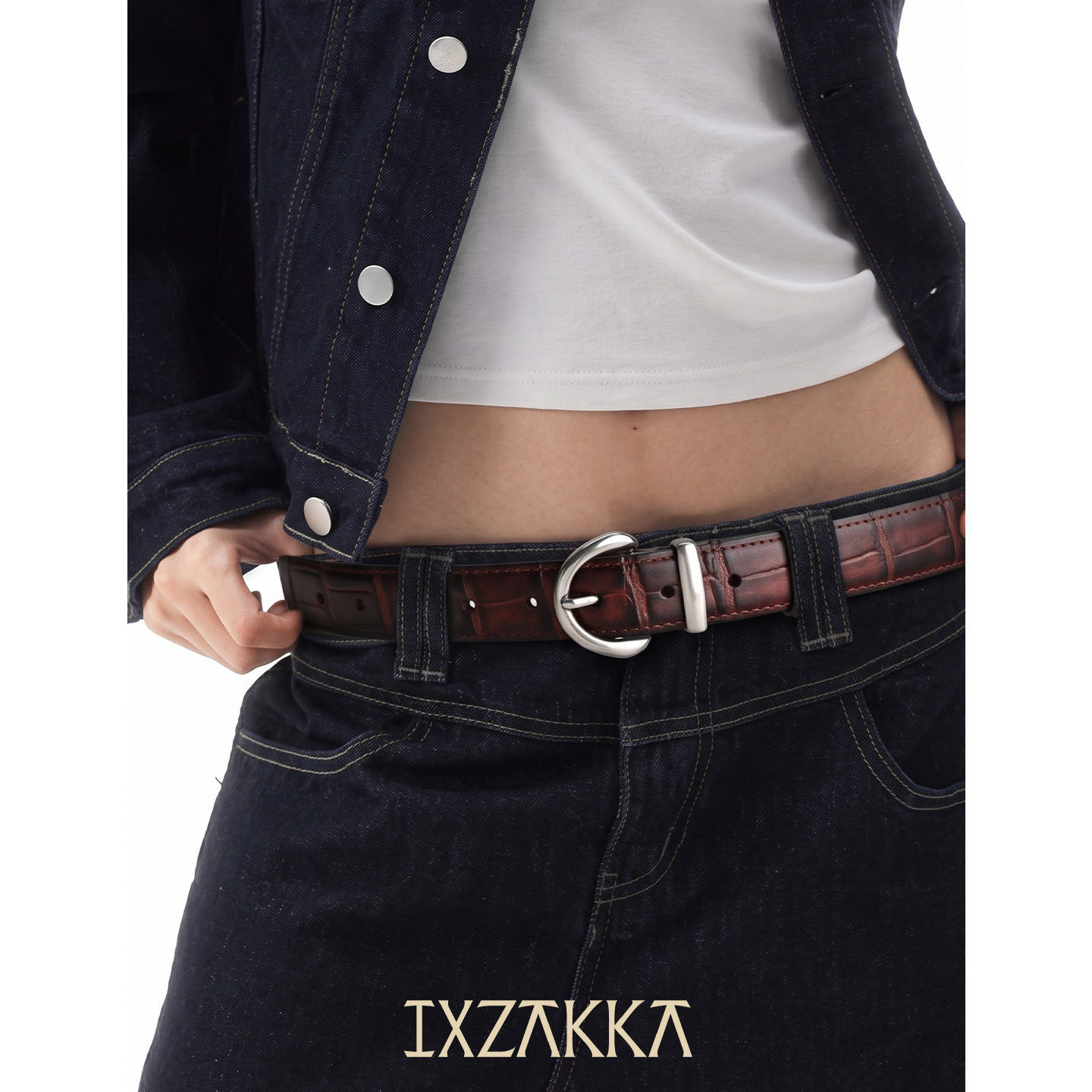 IXZAKKA鳄鱼纹牛皮复古女腰带