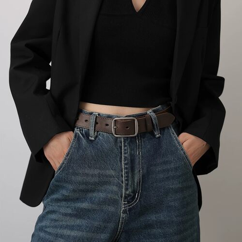 棕色头层牛皮针扣简约百搭女腰带