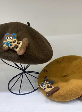 手工羊毛毡小猫贝雷帽，100%羊毛秋冬保暖立体萌趣配饰复古画家帽