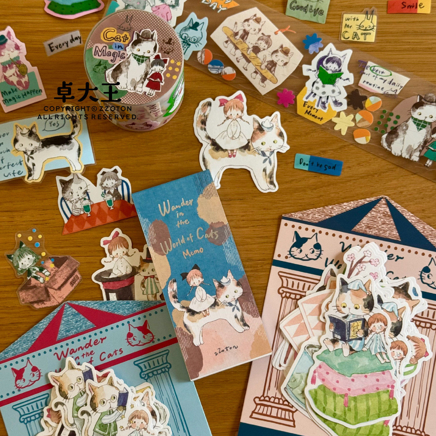 卓大王【猫的冒险】阿卓胶带异形便签贴纸包手绘水彩手帐文艺日系