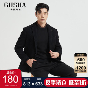 古鲨黑色羽绒西服男高级花色保暖商务直筒西装外套2025冬装新款