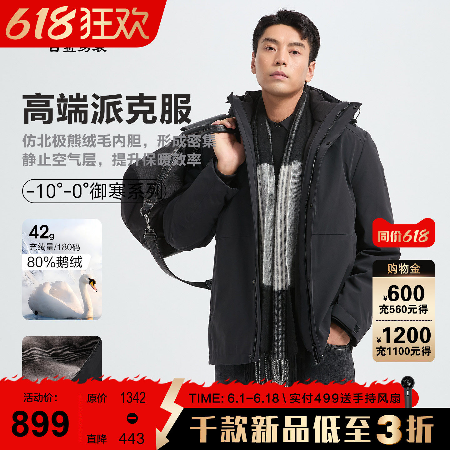 【鹅绒/三合一】古鲨高端派克服男 商务黑保暖连帽羽绒外套2026冬