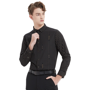 【清仓】古鲨黑色卡其竖条纹长袖衬衣男英伦绅士风修身衬衫春装新