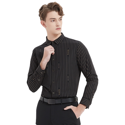 时尚修身竖条纹黑色古鲨方领
