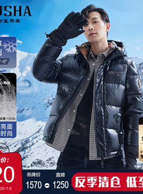 古鲨连帽防泼水亮面羽绒服