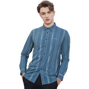 【清仓】古鲨春装蓝色白竖条纹冰丝衬衫 商务经典长袖舒适衬衣Y