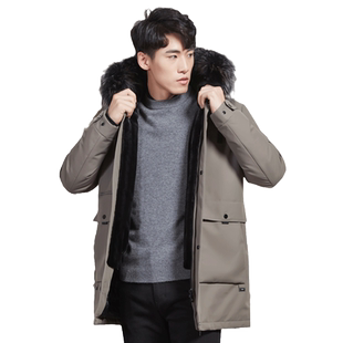 古鲨卡其羽绒服男加厚保暖内胆商务时尚舒适可拆卸银狐毛领外套