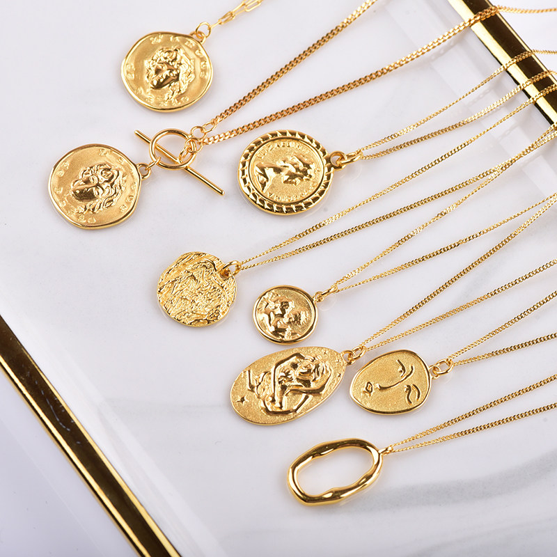 意大利人像金币项链 锁骨链 18k金 圆牌硬币 面具 天使 鬼脸 叠戴