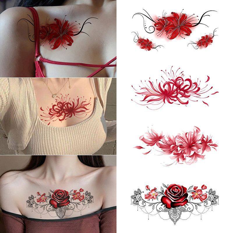 性感纯欲风彼岸花朵纹身持久防水玫瑰疤痕遮盖胸口肚子刺青可水洗