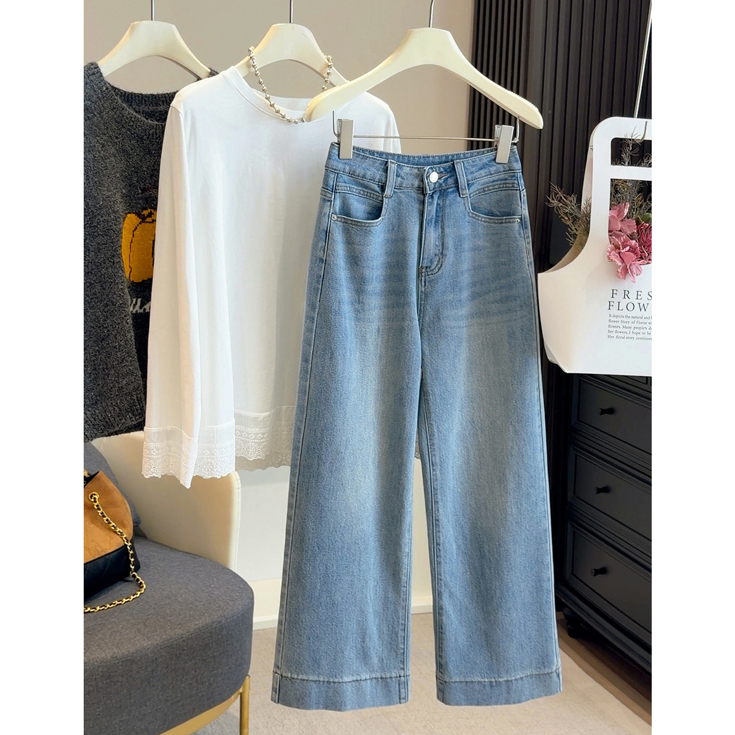 小个子九分直筒宽边牛仔裤女2026春季新款高腰显瘦百搭窄版阔腿裤