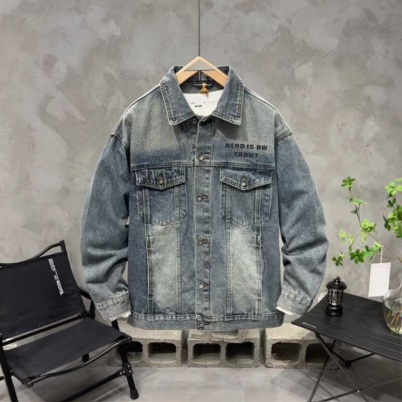 高端复古字母厚板硅胶印水洗牛仔外套男士春秋宽松美式工装夹克男